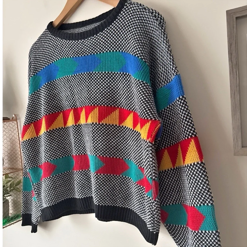Vintage 80s 90s Southwestern Geometric Graphic Knit Sweater Adele Made USA Sz XL